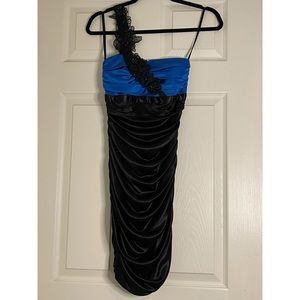 Blue and black dress with one shoulder detailing